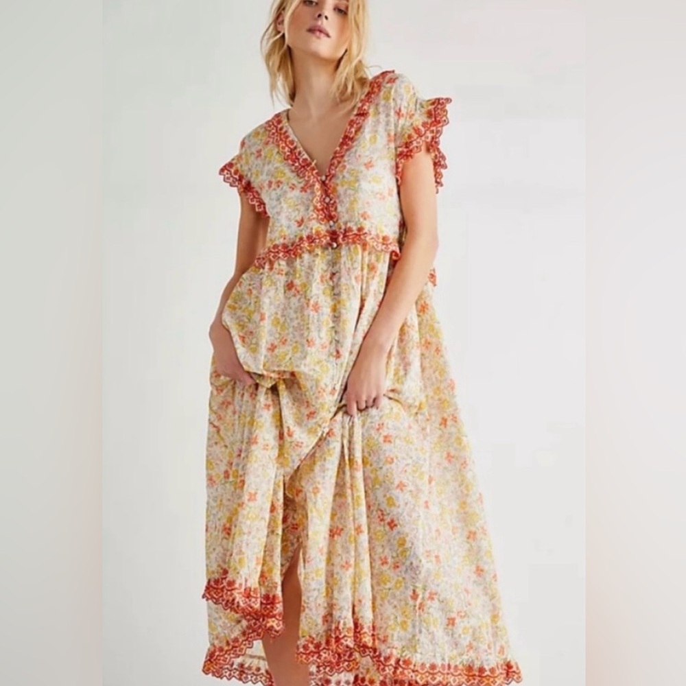 NWOT FP MILANIA SZ-L MAXI DRESS/TUNIC in CREAMS & ORANGES